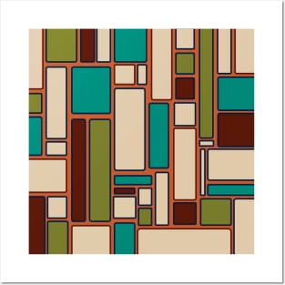 Modulus Retro Geometric Framed Pattern in Midcentury Modern Beige Teal Orange Rust Olive Posters and Art